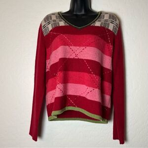Vtg 90s Sweater Plaid Stripe pink Contrast Boxy Wool Oversized V Neck Express L